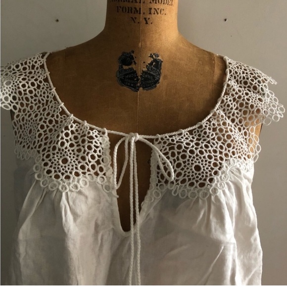 Free People] Off white Linen Cotton Crochet Tassel tie Crop Oversized Top Blouse - Picture 5 of 14